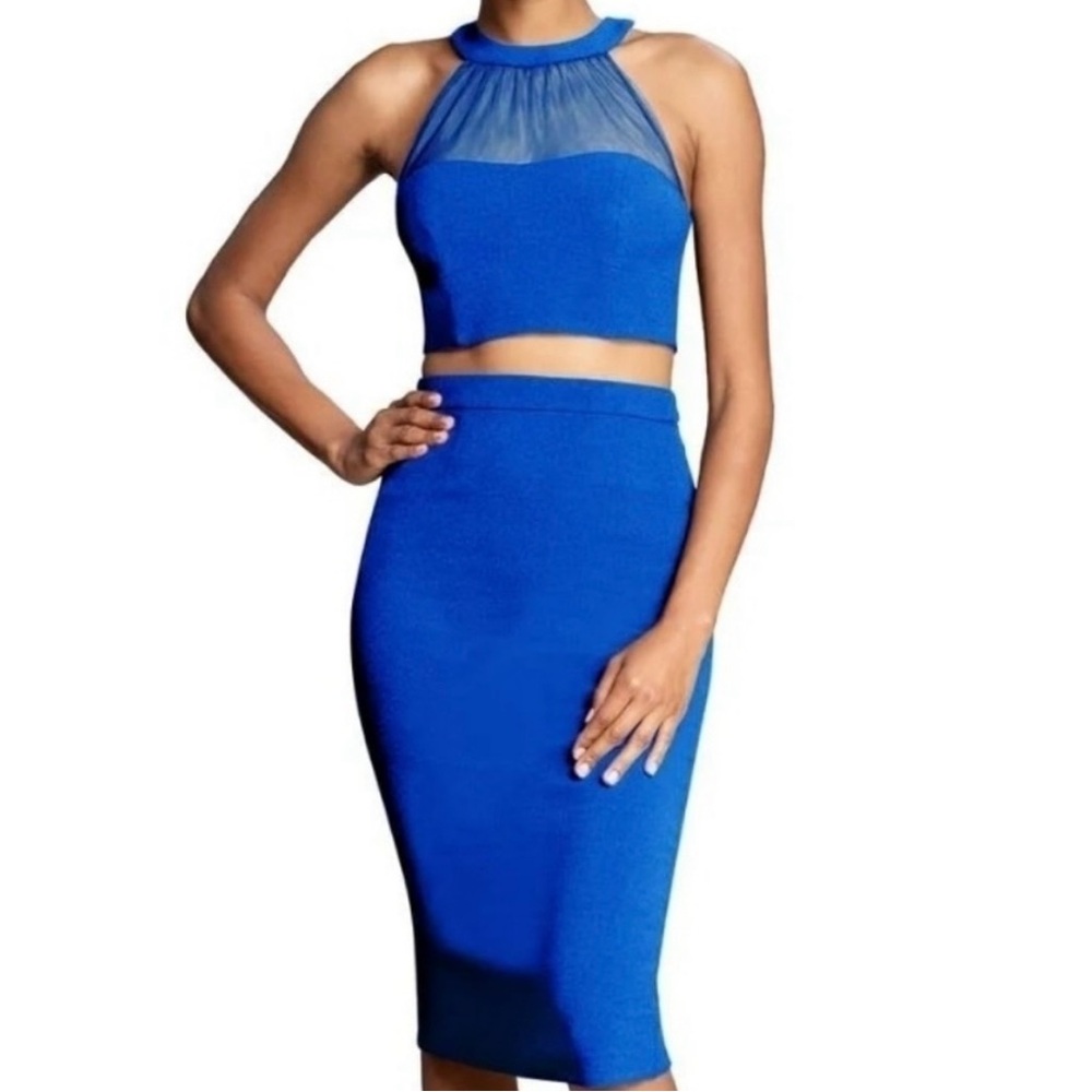 TWO piece Women's Royal Blue Dress size small skirt & crop top classy neckline